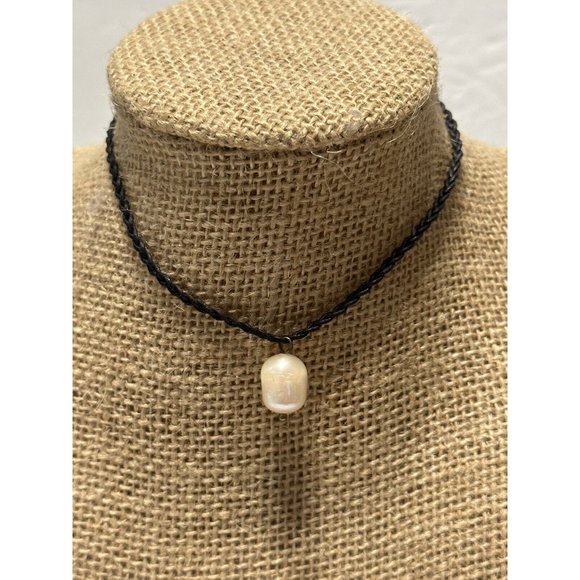 KARL LAGERFELD GOLDTONE CHAIN BRAIDED Leather CORD NECKLACE PEARL DROP 12-16”